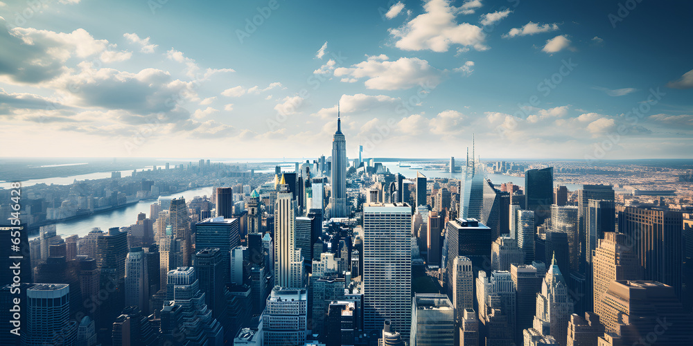 Panoramic photo of new york city skyline in manhattan downtown with skyscrapers at cloudy blue sky background  - obrazy, fototapety, plakaty 