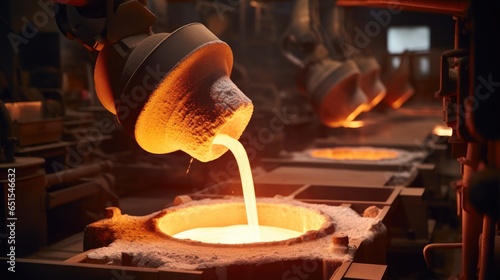 Foundry ladle pouring molten metal in heavy industry factory. photo