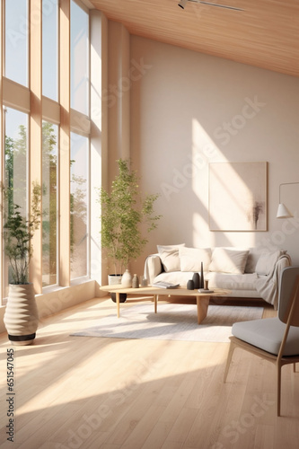 Japandi style spacious living room interior in eco scandinavian style with sofa, armchair cushions with large windows in sunlight