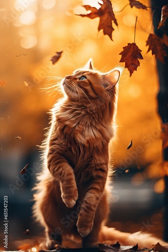 Fluffy ginger tabby cat exploring autumn forest. Orange kitten walking outdoor at sunset. Red and yellow fallen leaves