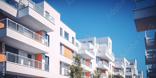 Modern white apartment building houses blue sky background