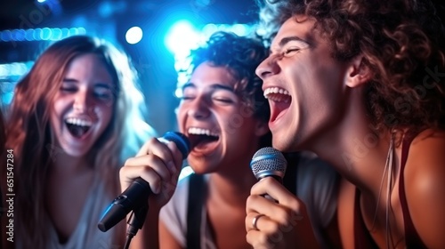 Group of friends singing at a karaoke party in a night club, Having fun together. © visoot