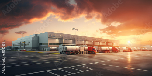 Loopable animation of unloading cargo from trucks to warehouse sunset background