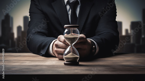 businessman hand holding black hourglass