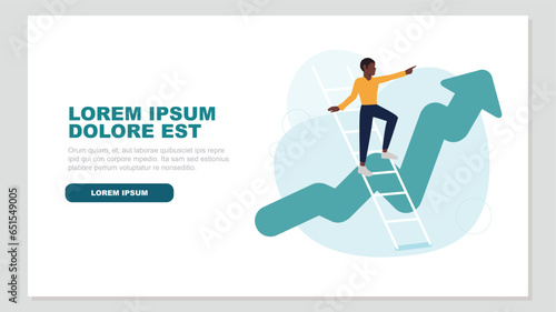 Vector illustration of a person standing on a ladder and pointing confidently upwards, in the background an ascending stock market curve – growth concept