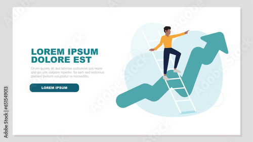 Vector illustration of a person standing on a ladder and pointing confidently upwards, in the background an ascending stock market curve – growth concept