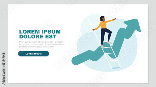 Vector illustration of a person standing on a ladder and pointing confidently upwards, in the background an ascending stock market curve – growth concept