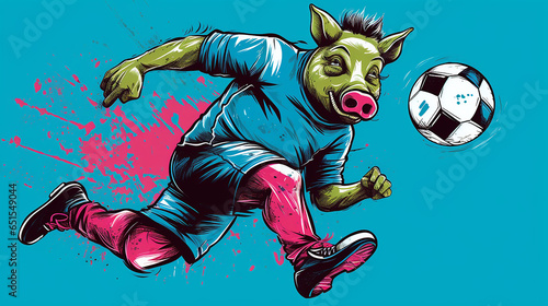 porco de uniforme jogando futebol estilo pop arte 