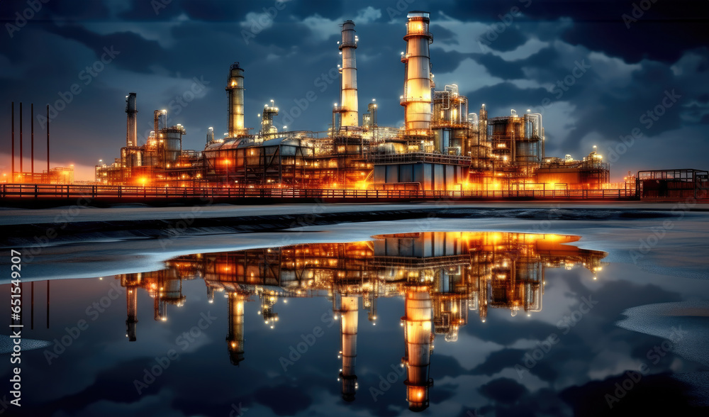 Modern illuminated refinery is visible at dusk, Lights from the buildings, Oil market prices continuously increasing, World Oil Industry concept. Modern illuminated refinery is visible at dusk, Lights from the buildings, Oil market prices continuously increasing, World Oil Industry concept.