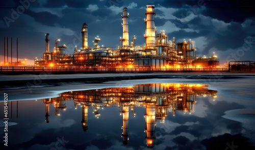 Modern illuminated refinery is visible at dusk, Lights from the buildings, Oil market prices continuously increasing, World Oil Industry concept.
