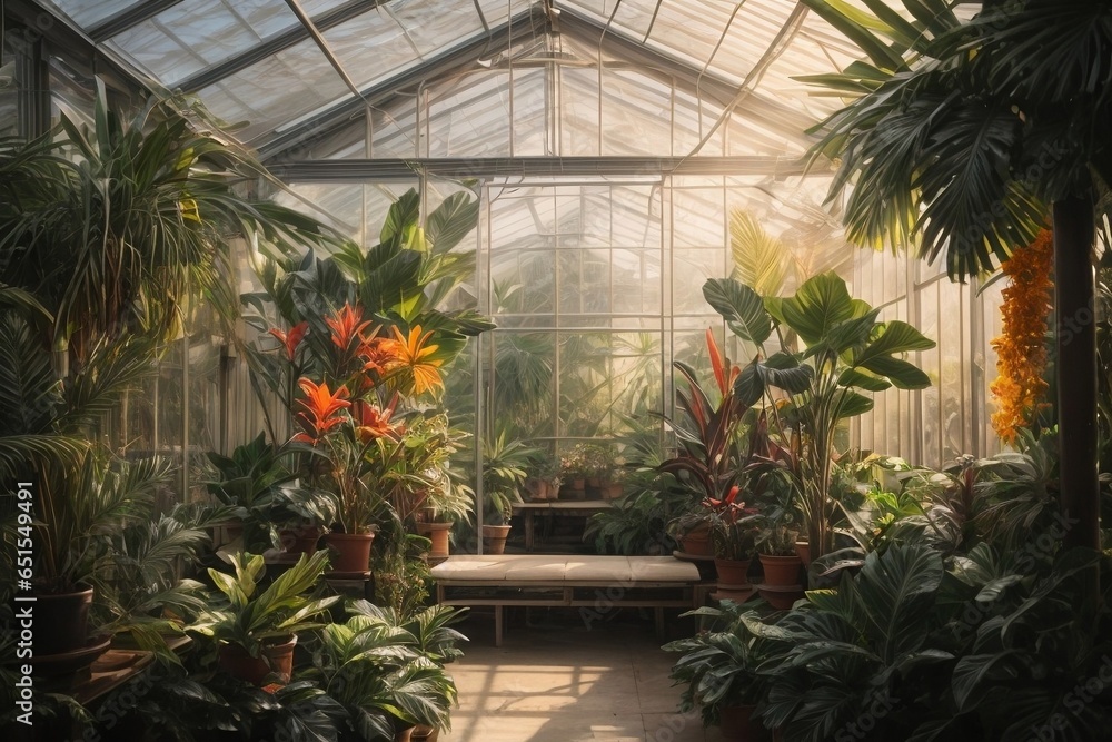 Flower garden in a greenhouse with sunbeams and shadows Flower garden in a greenhouse with sunbeams and shadows