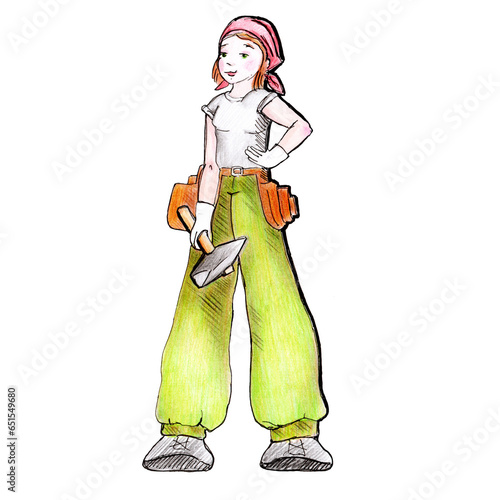 WATERCOLOR ILLUSTRATION GIRL WORKER IN GREEN PANTS WITH A SHOVEL AND BUCKET,FOR A BADGE,LABEL OR EMBLEM