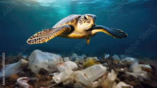 Swimming sea turtle with water polluted household garbage, Environmental disaster in sea. © visoot