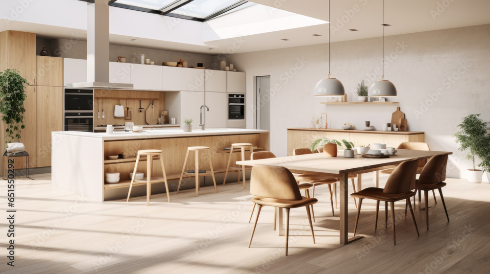Scandinavian Culinary Haven A kitchen and dining area integrated into the living space, with a modern kitchen island, dining table, and Scandinavian design accents Scandinavian Culinary Haven A kitchen and dining area integrated into the living space, with a modern kitchen island, dining table, and Scandinavian design accents