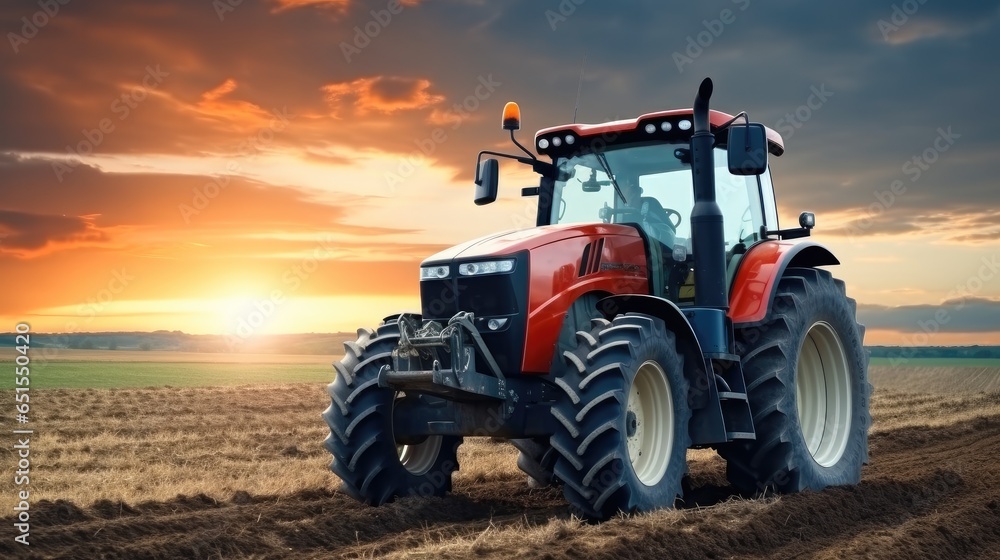 Agricultural tractor working in the field, Tractor in crop field. Agricultural tractor working in the field, Tractor in crop field.