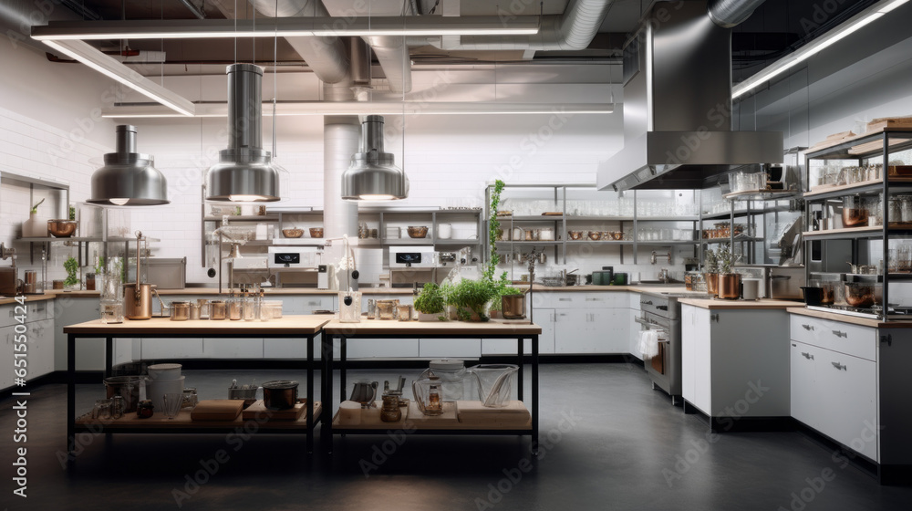 Scandinavian Culinary Laboratory A kitchen designed for culinary experimentation, with state-of-the-art appliances and ample counter space - obrazy, fototapety, plakaty 