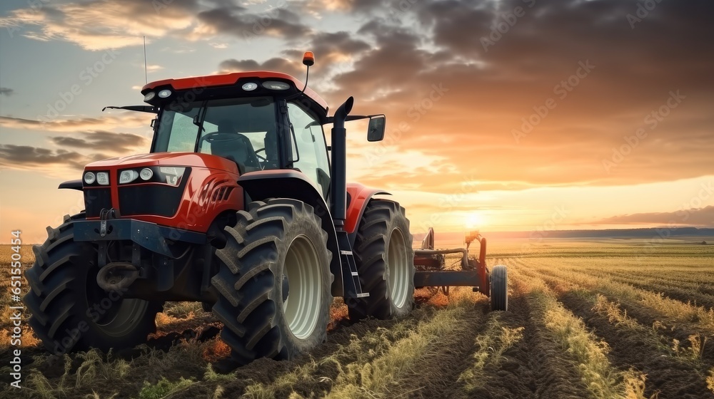 Agricultural tractor working in the field, Tractor in crop field. Agricultural tractor working in the field, Tractor in crop field.