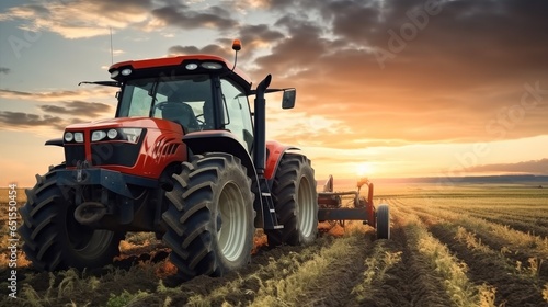 Agricultural tractor working in the field, Tractor in crop field.