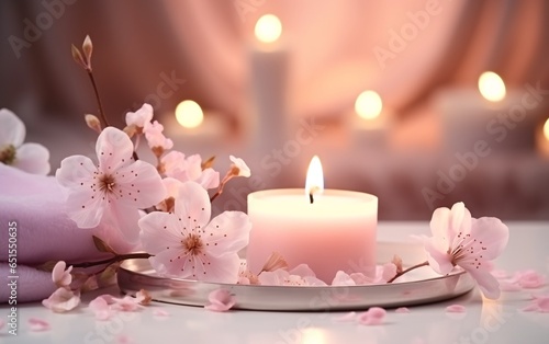 relax spa background in soft lighting, Candle, cherry blossom , petal, aromatherapy, cozy meditation