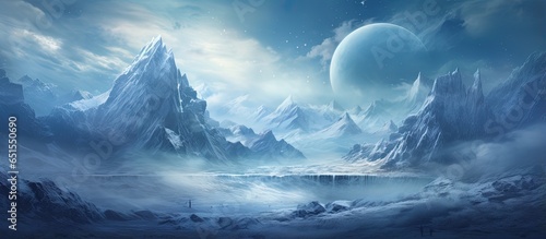 Winter landscape with mountains forest frozen nature glacier valley sketch gaming background dark canyon book cover and poster © AkuAku