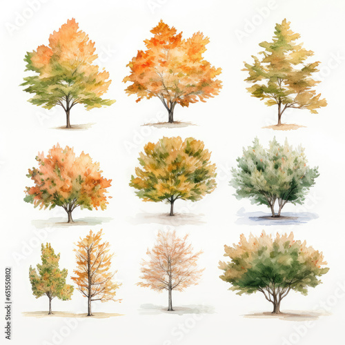 collection of autumn trees painted with water colors 
