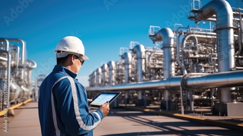 Engineer working at modern oil refinery, import and export of crude oil, including petroleum, gasoline.