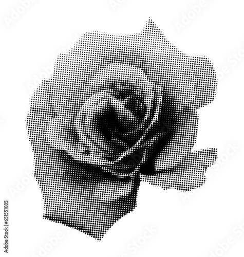 Rose halftone collage element. Floral mixed media design, vintage punk dotted flower, retro modern cutout shape. Vector illustration isolated on transparent background