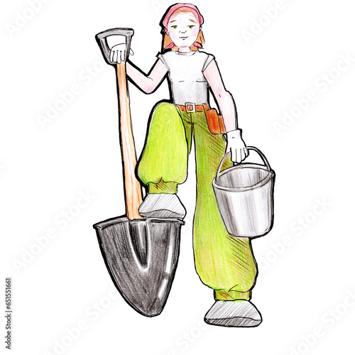 WATERCOLOR ILLUSTRATION GIRL WORKER IN GREEN PANTS WITH A SHOVEL AND BUCKET,FOR A BADGE,LABEL OR EMBLEM