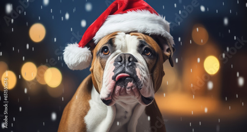 Cute large breed dog wearing Christmas Santa Claus hat in snow falling sky scene. Winter Landscape. Christmas Holidays. Christmas Card.