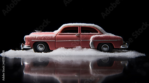 A model of a retro 1905s style coupe in pink covered in artificial snow