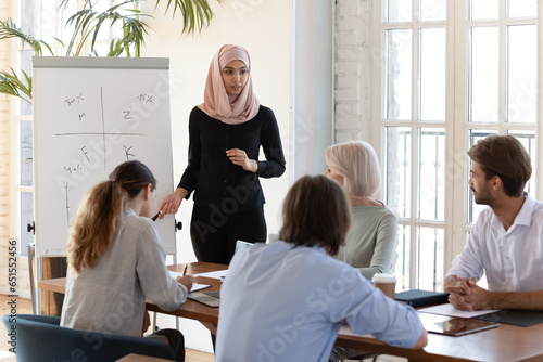 Middle eastern ethnicity coach in hijab islamic traditional wear make presentation on flip chart offer solution express opinion, explain data financial forecasting to staff, corporate training concept