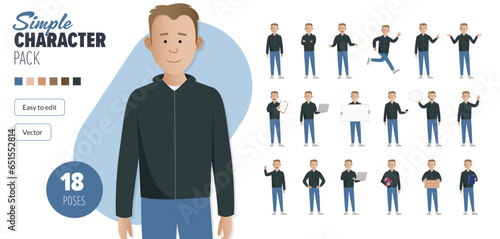 Simple flat 2d male vector character in a set of multiple poses. Easy to edit and isolated on a white background. Modern trendy style character mega pack with lots of poses.	
