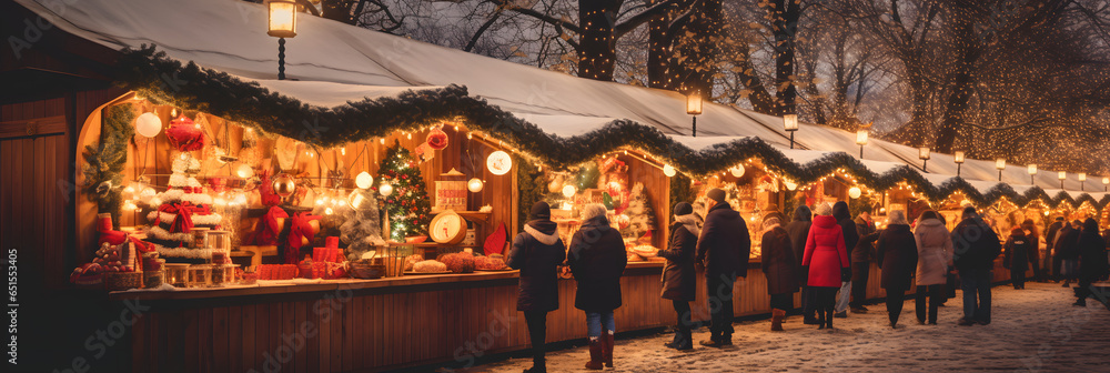 Christmas Market Wonderland: Vibrant Decorations and Snowy Joy



