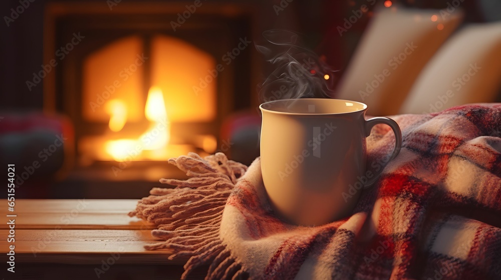 Cup of hot drink on wooden table in front of fireplace.