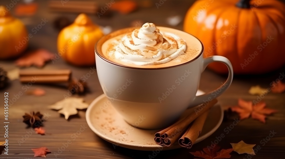 Latte with whipped cream and cinnamon on a wooden background with pumpkins. Thanksgiving concept card. Latte with whipped cream and cinnamon on a wooden background with pumpkins. Thanksgiving concept card.