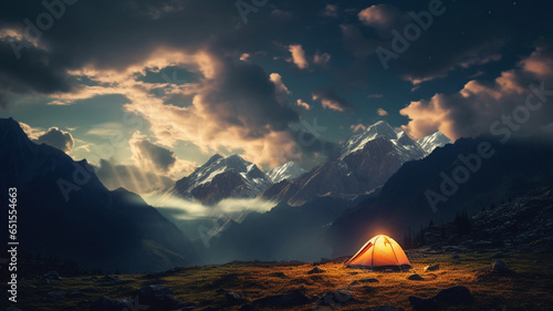 View of tent camping landscape with mountains  sun rise  clouds background.