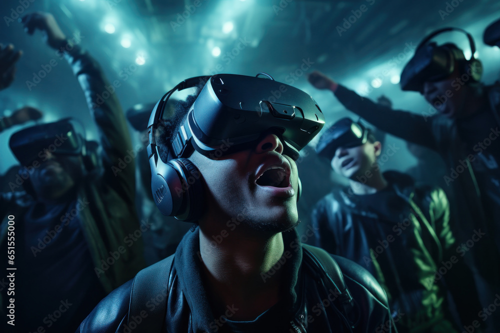 A group of people wearing virtual reality headsets, immersed in a