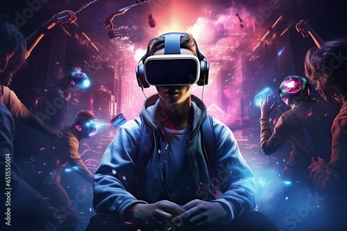 A man wearing a virtual reality headset stands in front of a group of people. This image can be used to depict the experience of virtual reality technology in a social setting.