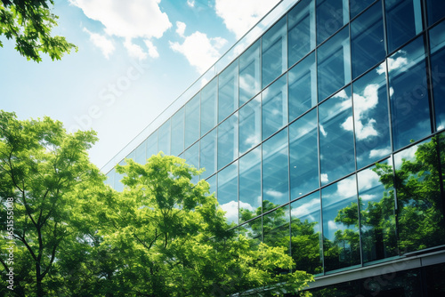 Modern glass windows buildings with surrounded green trees. © Golden House Images