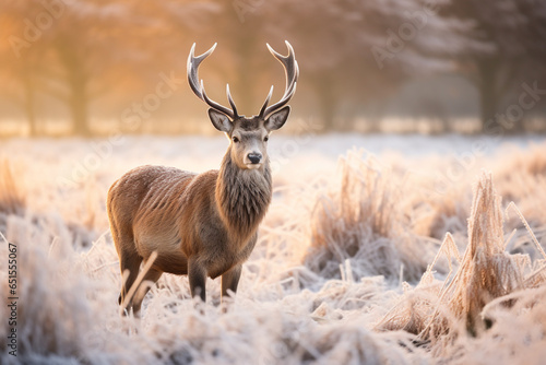 Red deer on frosted grass field on floor in winter season with beautiful morning light background. © Golden House Images