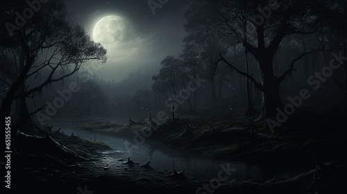 Sliver of moonlight brightening a peaceful, mist-enveloped forest, Generative AI
