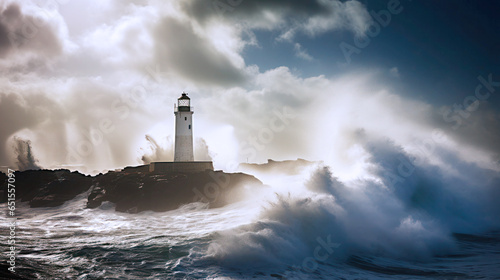 Lighthouse in rainy and stormy day , sea waves, extreme weather condition,