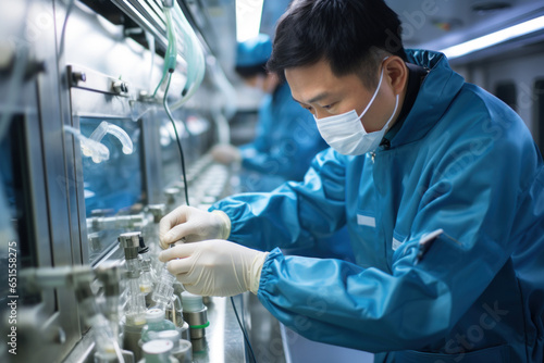 Japan technician conducting final tests on purified water