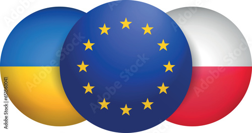 round icon flag of EU European Union, Ukraine and Poland. country partnership, allies, trade, strategic security background