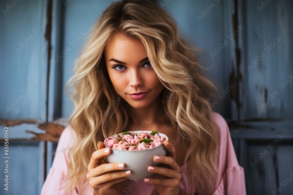 a candid authentic portrait of a young gorgeous cheerful smiling blond woman holding her delicious sweet fruit smoothie acai bowl with granola at the seaside or ocean in Bali, sunny summer weather a candid authentic portrait of a young gorgeous cheerful smiling blond woman holding her delicious sweet fruit smoothie acai bowl with granola at the seaside or ocean in Bali, sunny summer weather