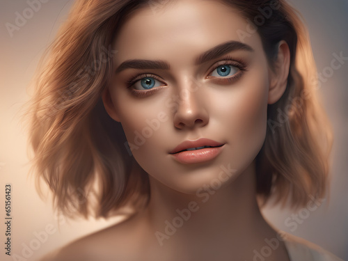 beauty photography portrait model advertising. Beautiful young woman with perfect glowing skin and blue eyes. A beautiful girl shows the result of a skin care procedure. generative AI