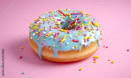 Colorful glazed donut on a pink background