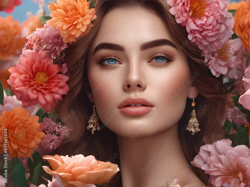 beauty photography. portrait model in flowers. Beautiful healthy facial skin. beauty industry advertising. generative AI beauty photography. portrait model in flowers. Beautiful healthy facial skin. beauty industry advertising. generative AI