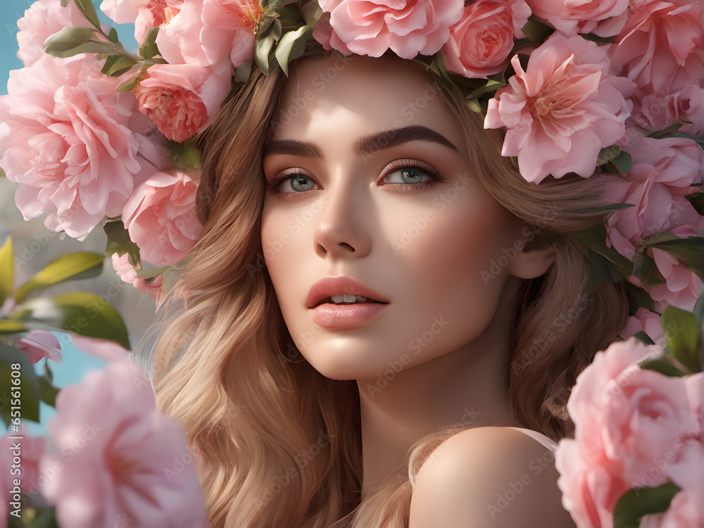 Naklejka premium beauty photography. portrait model in flowers. Beautiful healthy facial skin. beauty industry advertising. generative AI