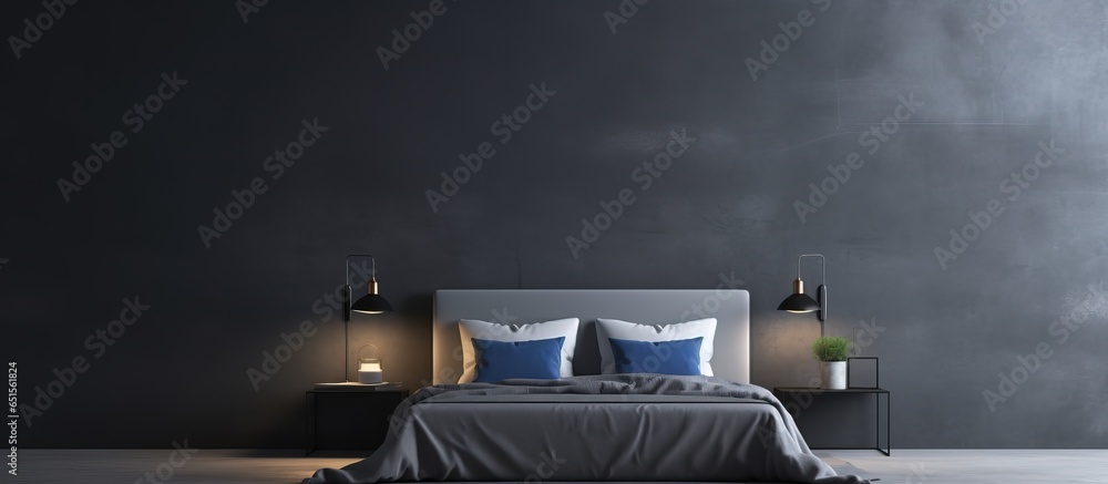 Modern empty bedroom with navy and gray tones center bed Microcement wall contemporary bedding - obrazy, fototapety, plakaty 